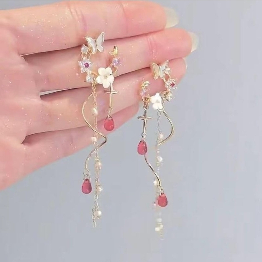 Women’s Jewelry Gold and Pink Butterfly Floral Spiral Long Dangle Earrings